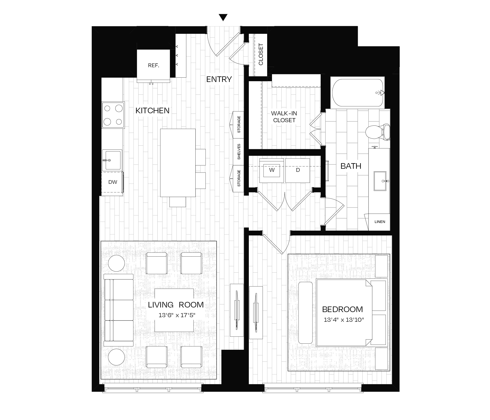 Floor plan for 1 bed, 1 bath, 891 sqft
